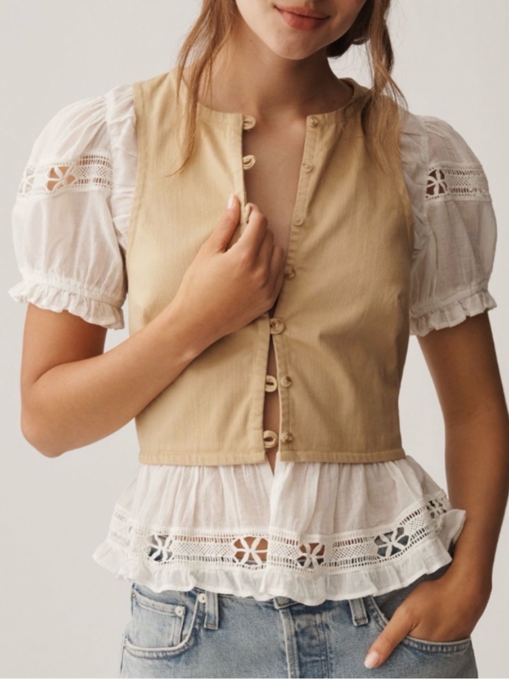 Anthropologie Beige Button-Front Crop Top with White Ruffle Trim